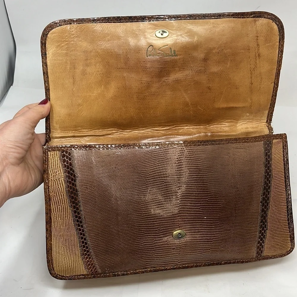 Carlos Falchi Mixed Exotic Snakeskin, Lizard, Ostrich Snap Envelope Clutch Bag